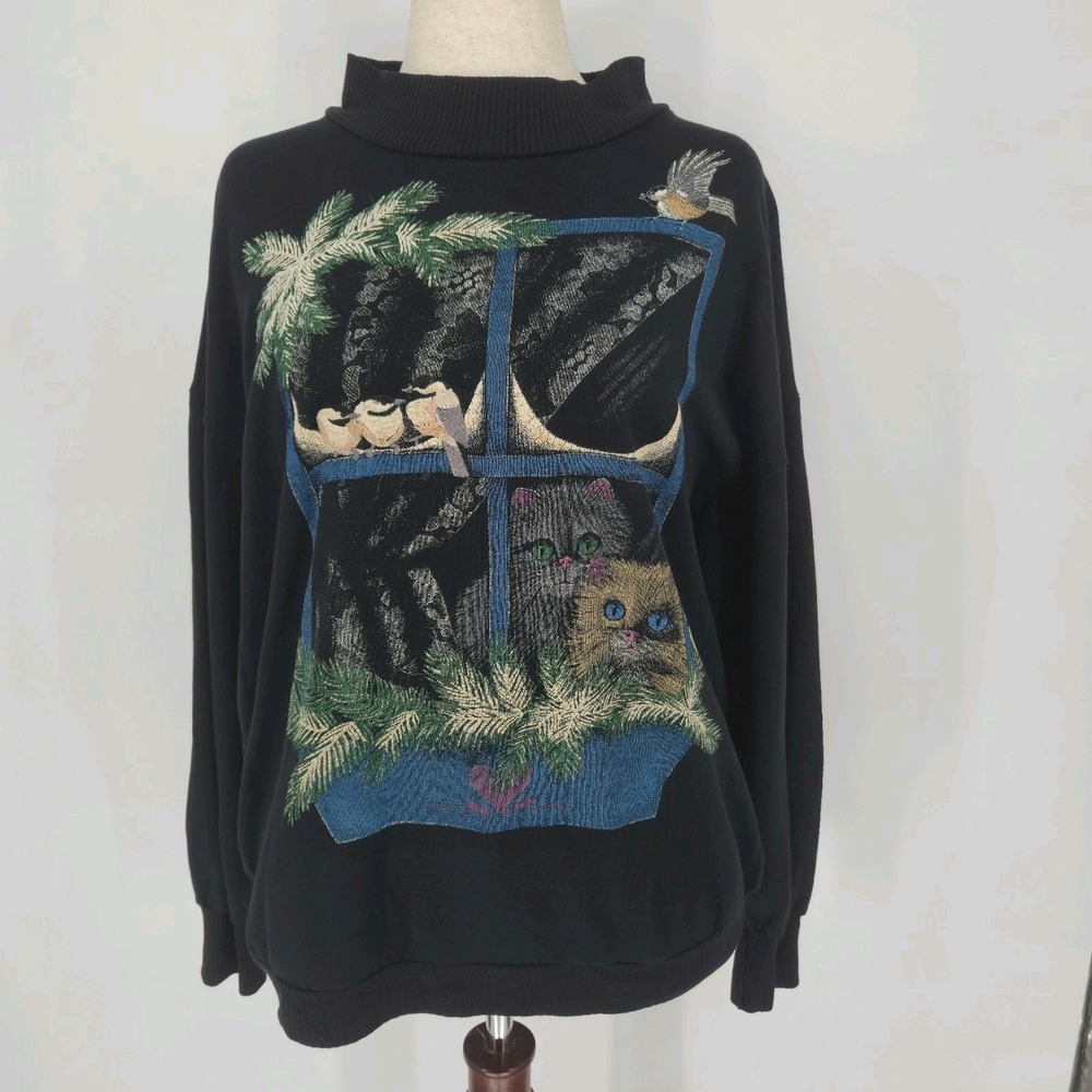 Vintage 90s Kittens Cat Window Bird Graphic Sweatshirt Black USA Large Mock Neck